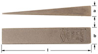 Two views of a bronze flange wedge. Top view displays the side profile, showcasing its tapered, triangle shape. Bottom view shows the wedge top down, featuring engraved text including AMPCO, USA, W8," and other markings.